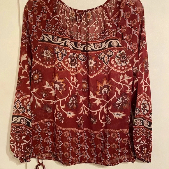Lucky Brand Women’s Brown & White Floral Long Sleeve Pull-Over Simi-Sheer Top - Picture 5 of 7